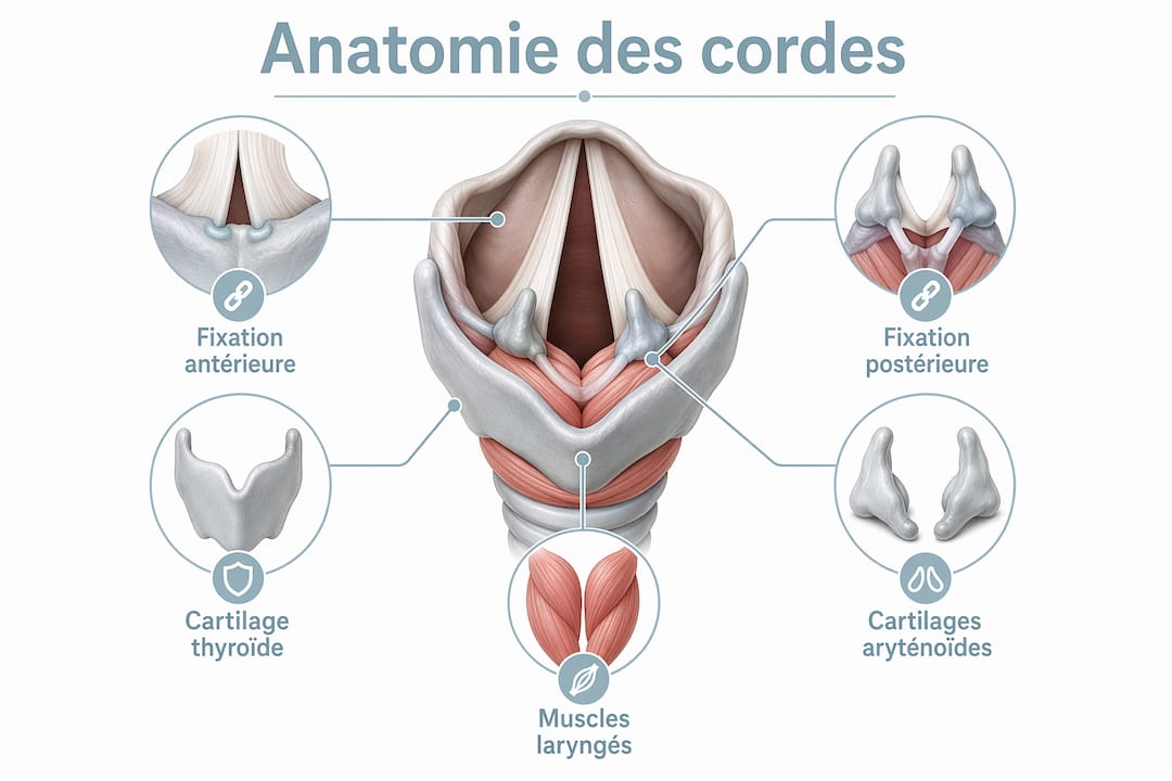 Schéma illustrant la structure et l’attache des cordes vocales