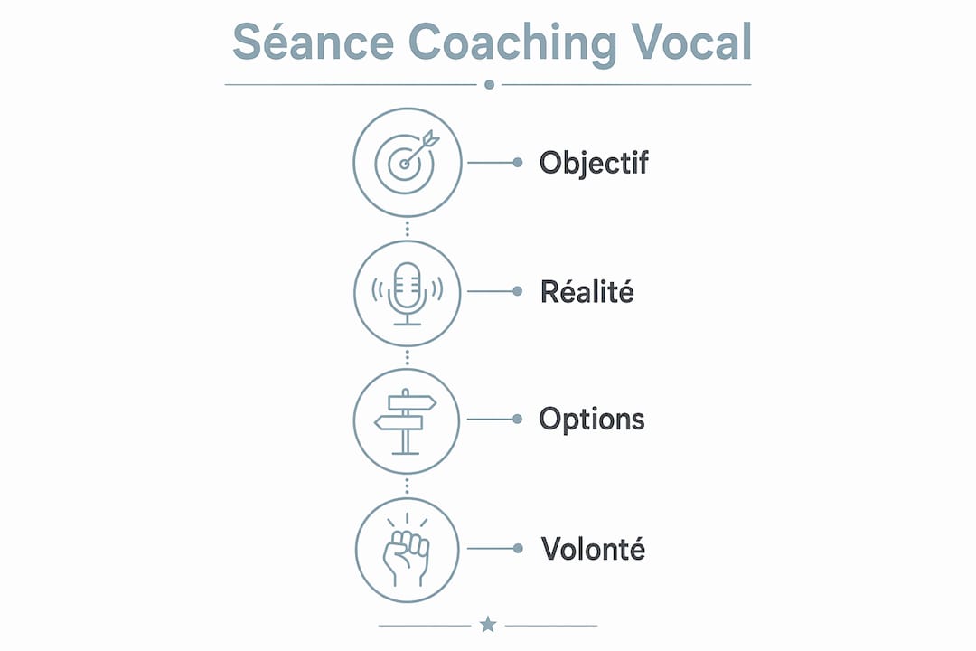 Découvrez en un clin d'œil les différentes étapes pour progresser grâce au coaching vocal, illustrées dans cette infographie.