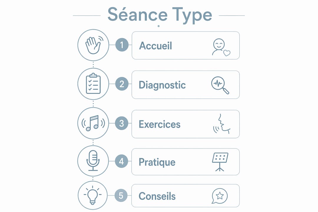 Infographie : les différentes étapes d’une séance type de coaching vocal à Toulouse