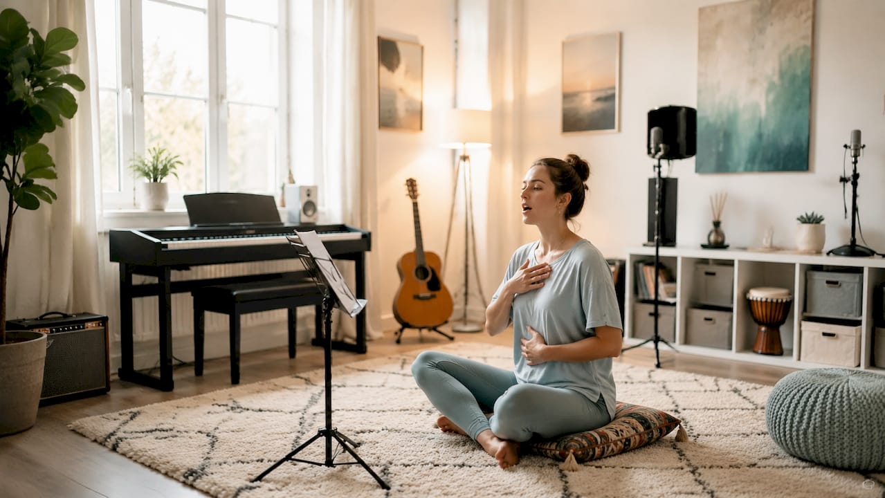 Une femme s’entraîne à travailler sa voix chez elle, répétant différents exercices vocaux pour améliorer sa technique.