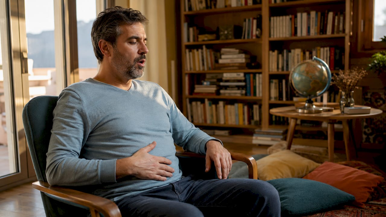 Un homme s’exerce à la respiration abdominale pour améliorer sa technique vocale.
