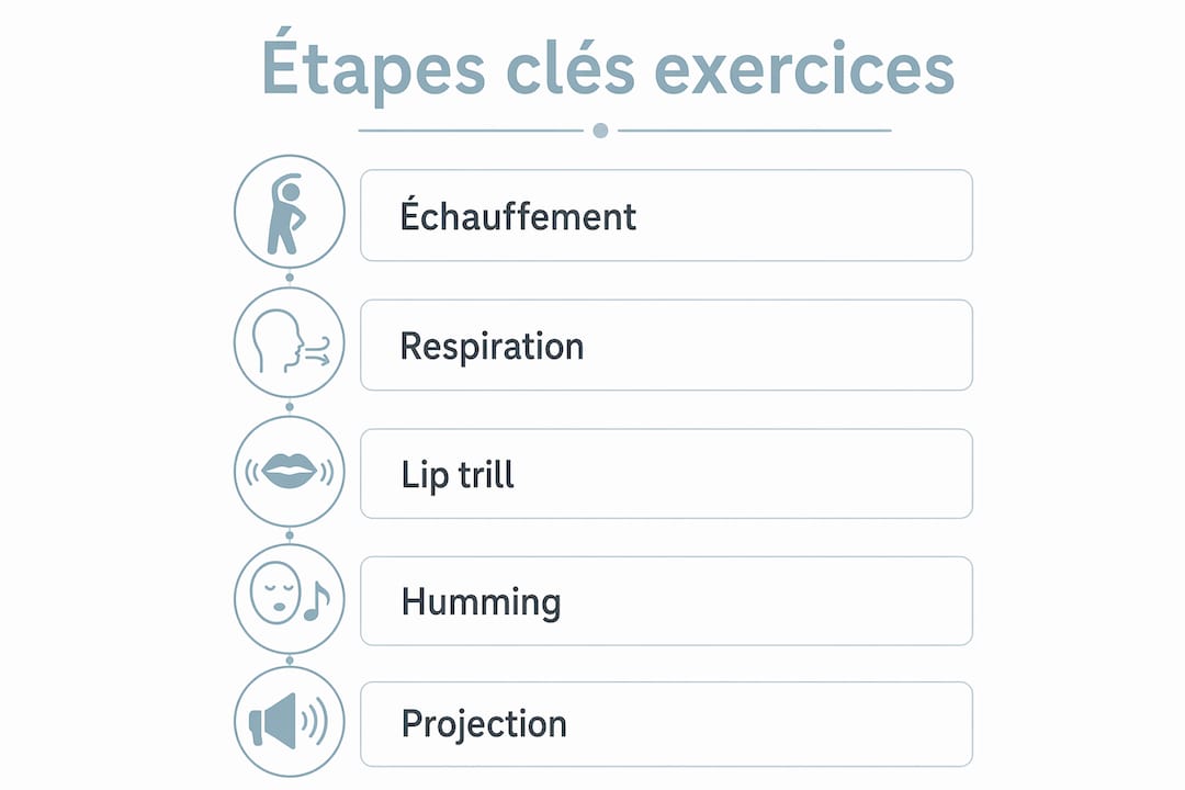 Découvrez en un coup d’œil les différentes étapes essentielles pour réussir vos échauffements vocaux, spécialement conçues pour les chanteurs.