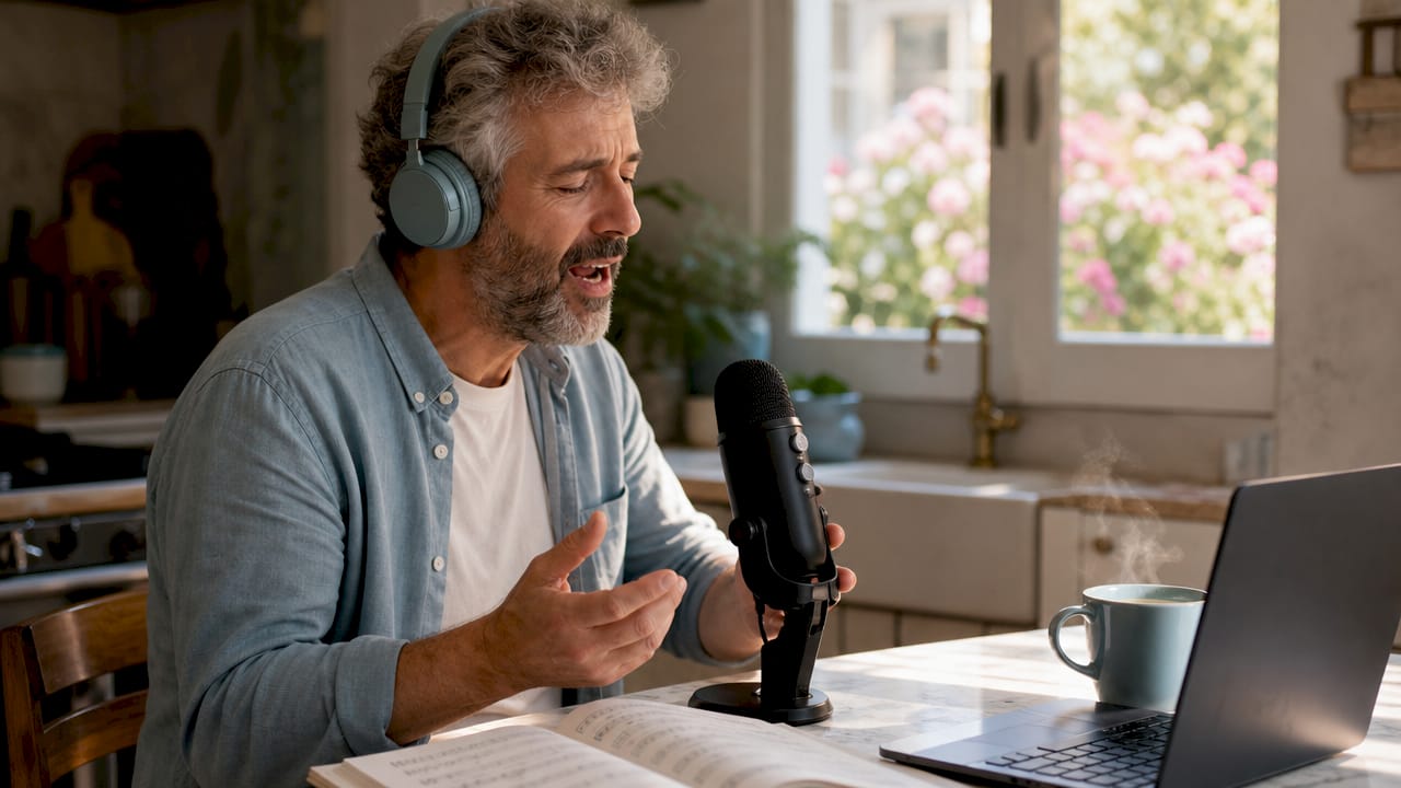 Un homme s’entraîne au chant à distance, équipé d’un micro.