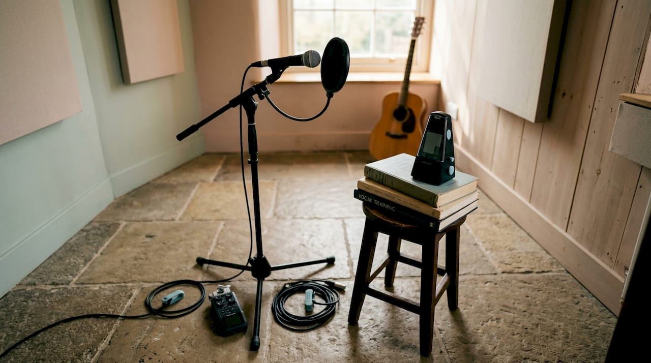 Des éléments illustrant une séance de coaching vocal axée sur la pratique et l’accompagnement personnalisé.
