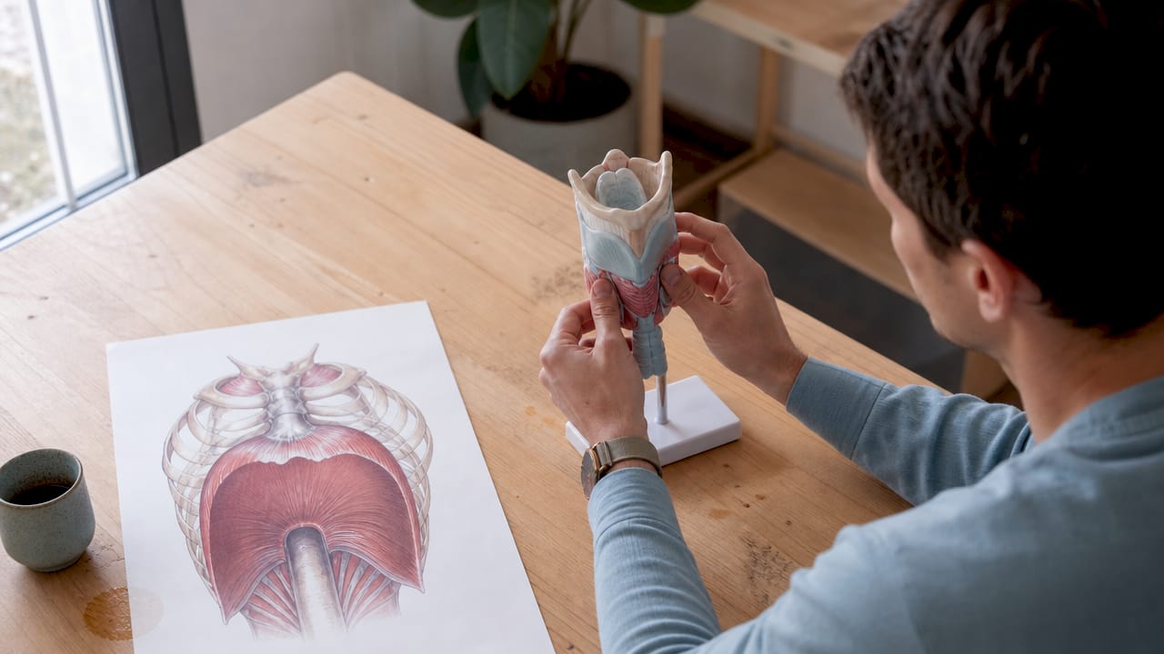 Accompagnement personnalisé pour prévenir les troubles vocaux, avec démonstration sur modèle anatomique du larynx.