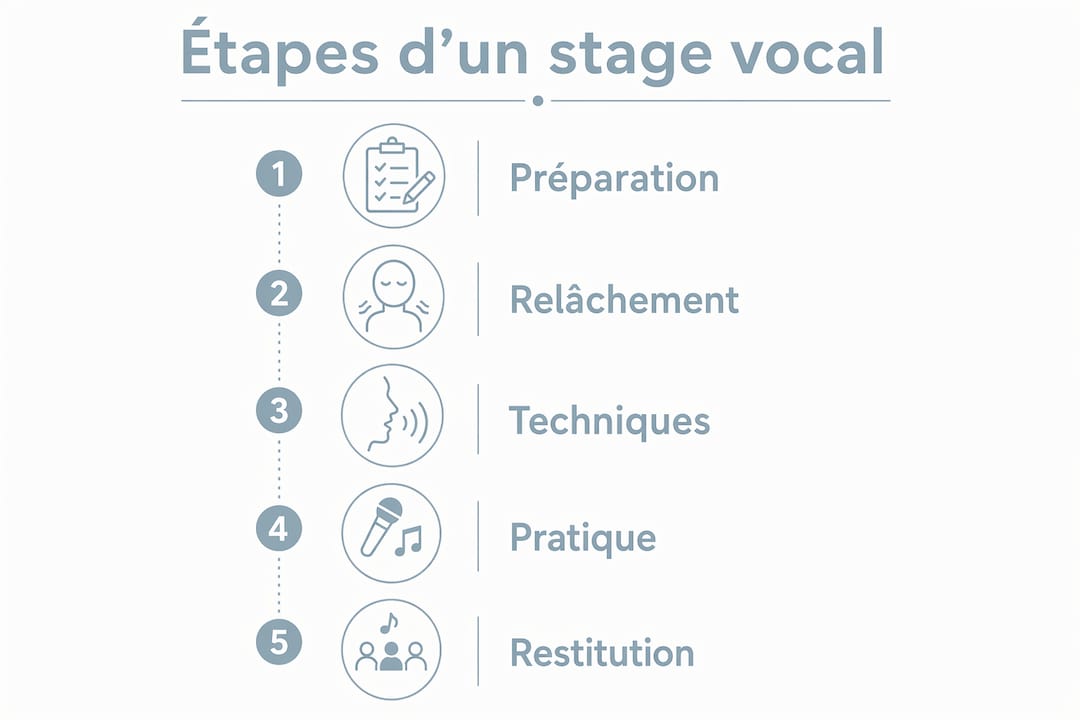 Découvrez en un coup d'œil les différentes étapes clés d’un stage dédié à l’amélioration de la technique vocale grâce à cette infographie.