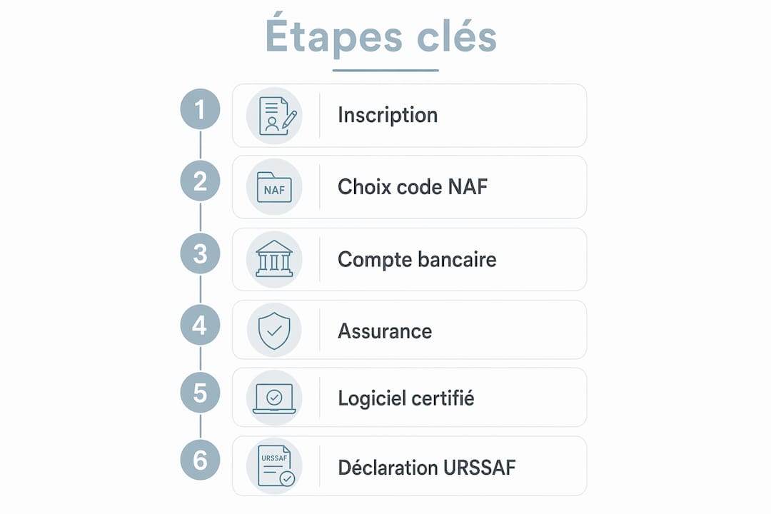 Infographie présentant les étapes essentielles et les principaux plafonds du statut d'auto-entrepreneur