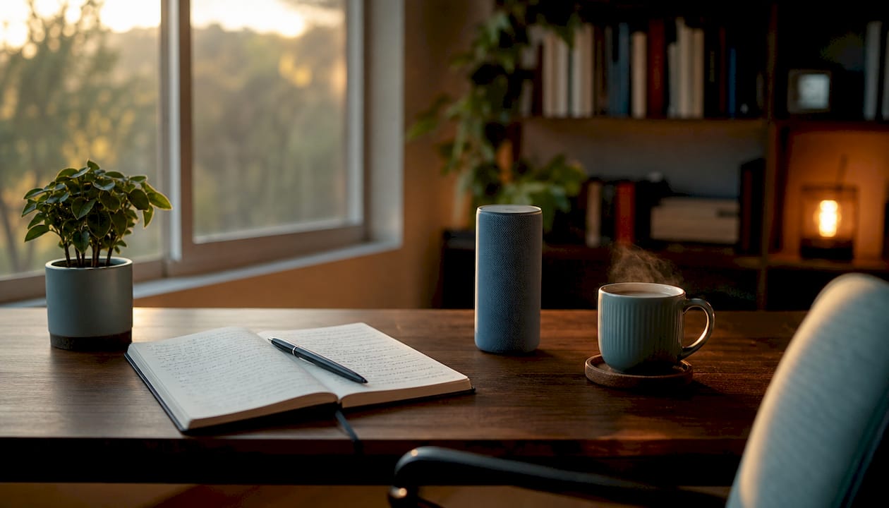 Matériel pour les exercices de voix installé sur le bureau à la maison