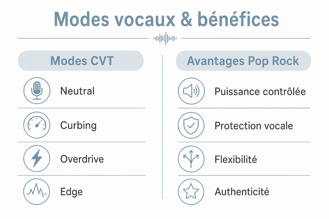 Infographie : panorama des techniques vocales CVT et leurs atouts pour les chanteurs pop rock