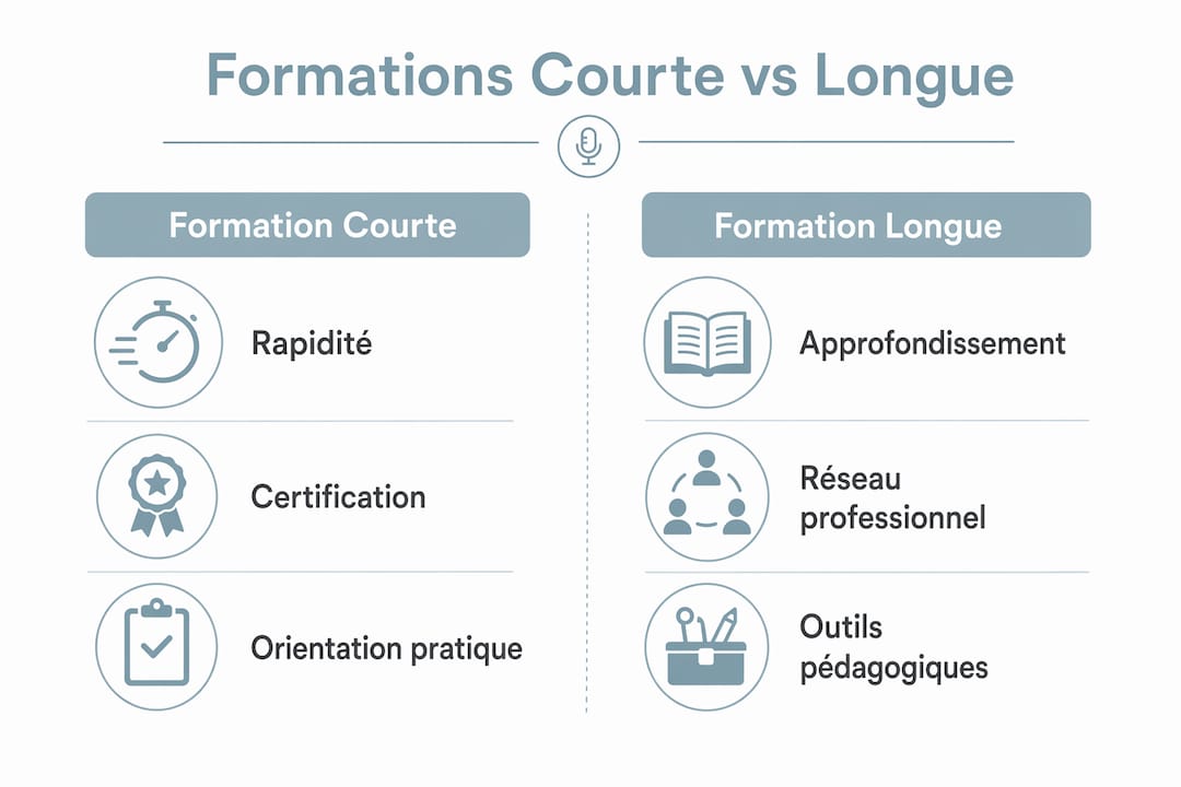 Infographie : quelles différences entre formations courtes et formations longues ? Avantages et points à surveiller.