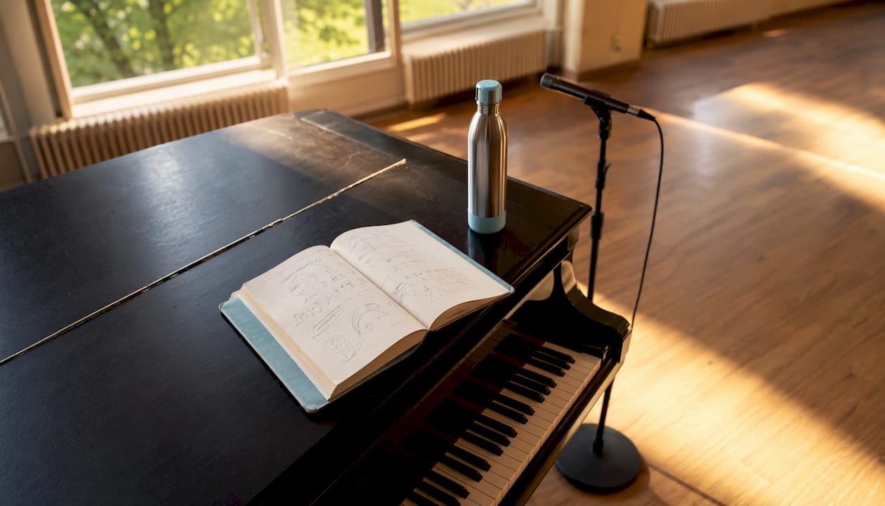 Clavier de piano accompagné d’un manuel d’exercices vocaux et de divers accessoires