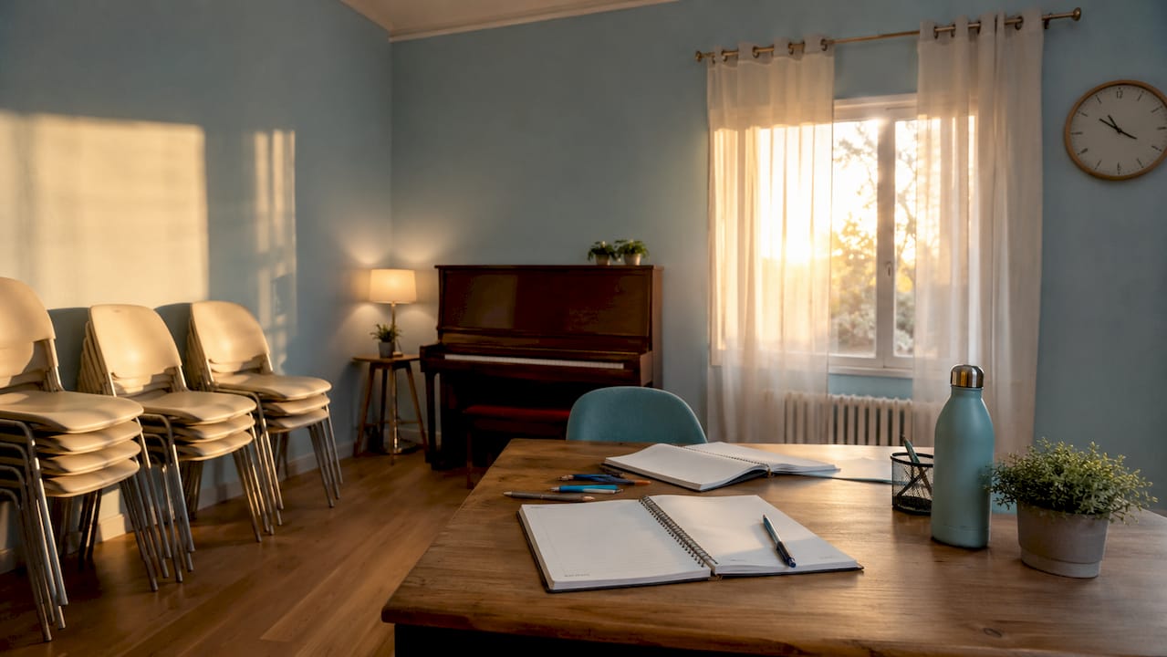 Salle commune aménagée avec des chaises et un tableau blanc, prête à accueillir l’atelier de chant.