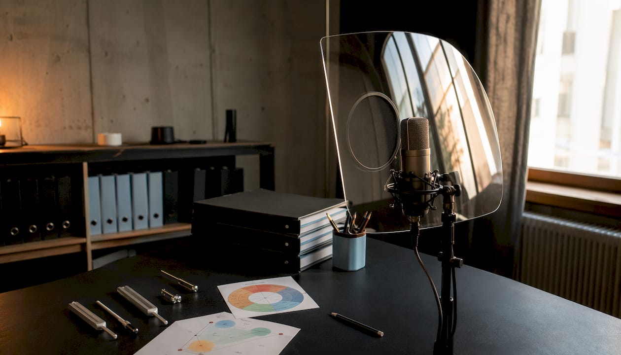 Matériel d'entraînement vocal et masque en plexiglas pour le chant, disponibles dans le studio de répétition