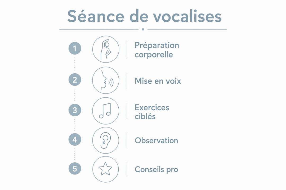Infographie présentant les différentes étapes d’une séance de vocalises, accompagnée des points essentiels à retenir.