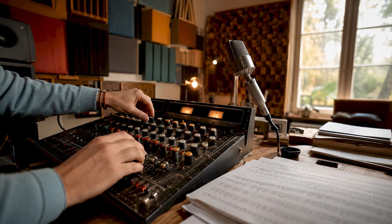 Des mains règlent les boutons d'une table de mixage dans un studio dédié au coaching vocal.