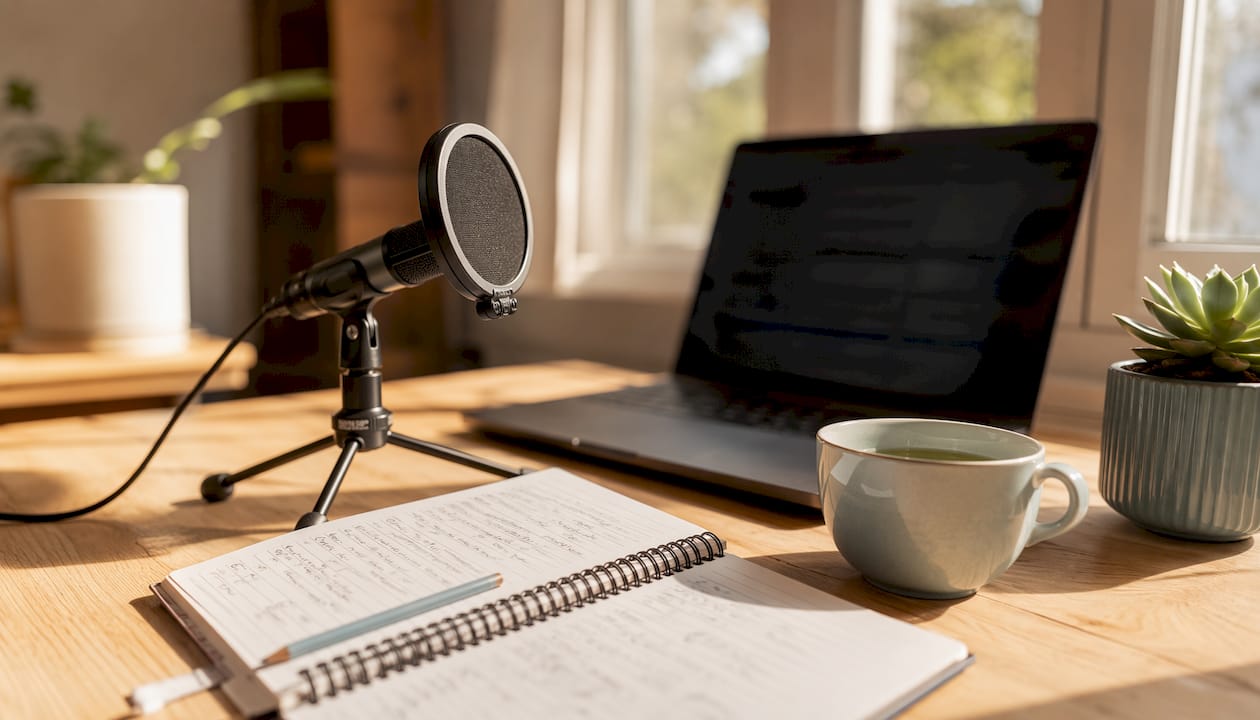 Bureau à la maison équipé d’un micro pour les exercices vocaux et de carnets de notes