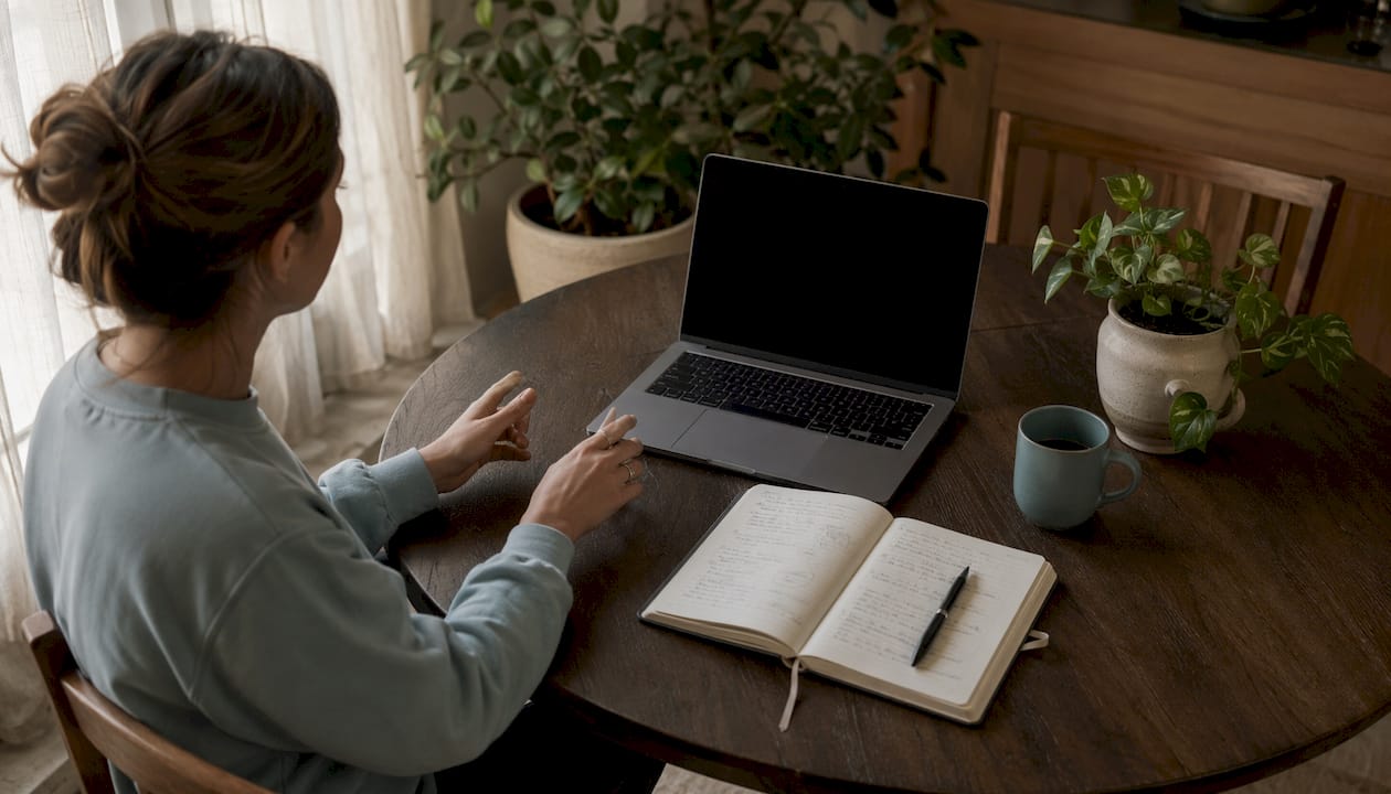 Des mains tapent sur le clavier d’un ordinateur portable, juste à côté de documents expliquant le fonctionnement du CPF.