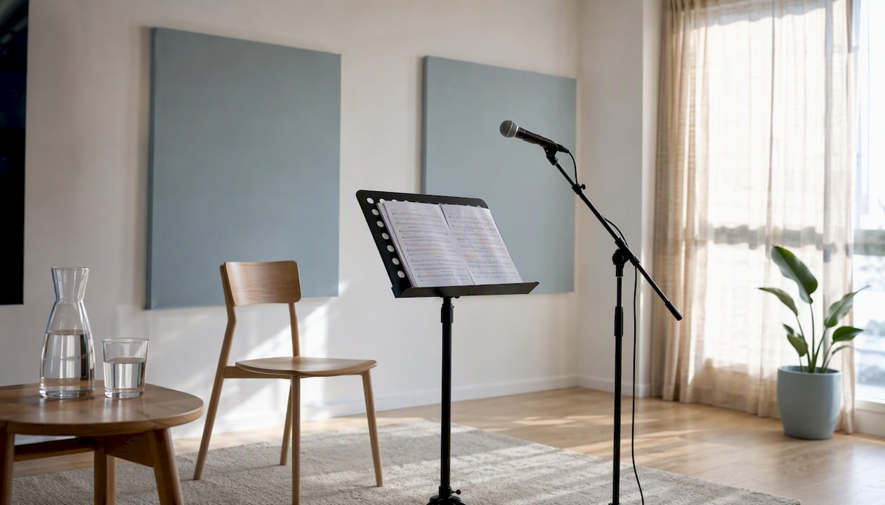 Ambiance studieuse dans une salle de coaching vocal vide, prête à accueillir les chanteurs : micro installé, partitions posées sur le pupitre.