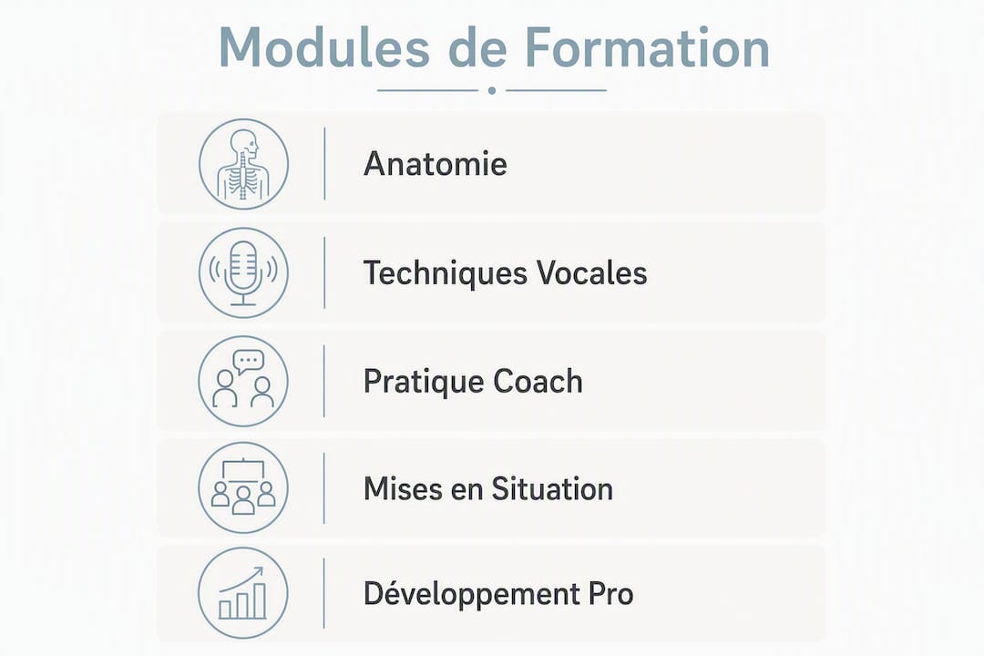 Découvrez en un coup d’œil les principaux volets abordés dans une formation en coaching vocal grâce à cette infographie.