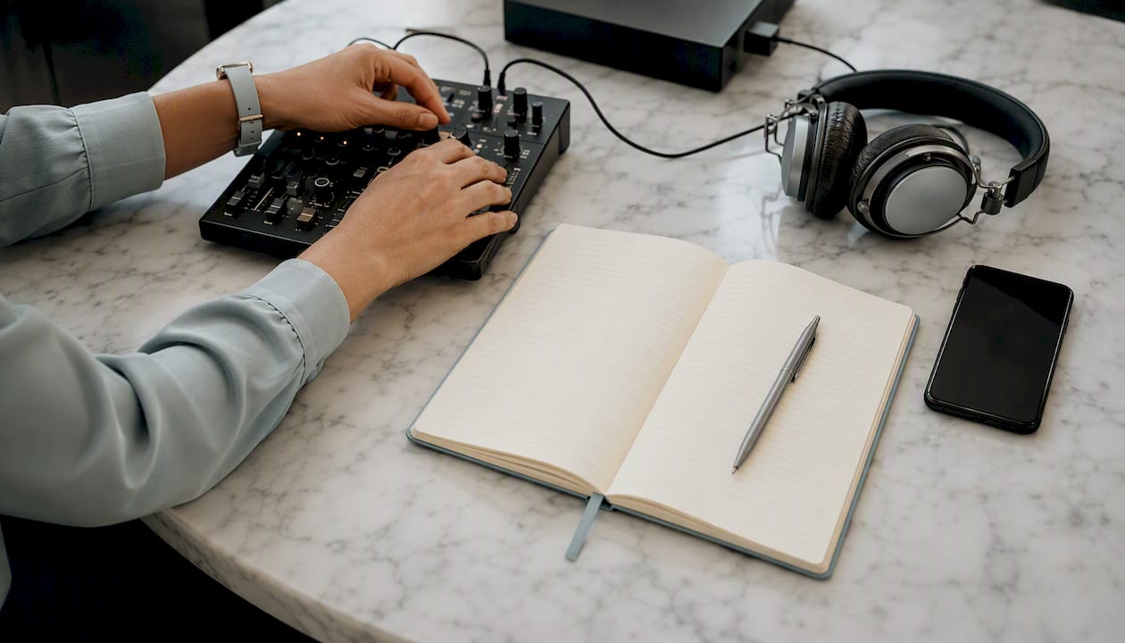 Des mains règlent le matériel audio avant une séance de coaching vocal.