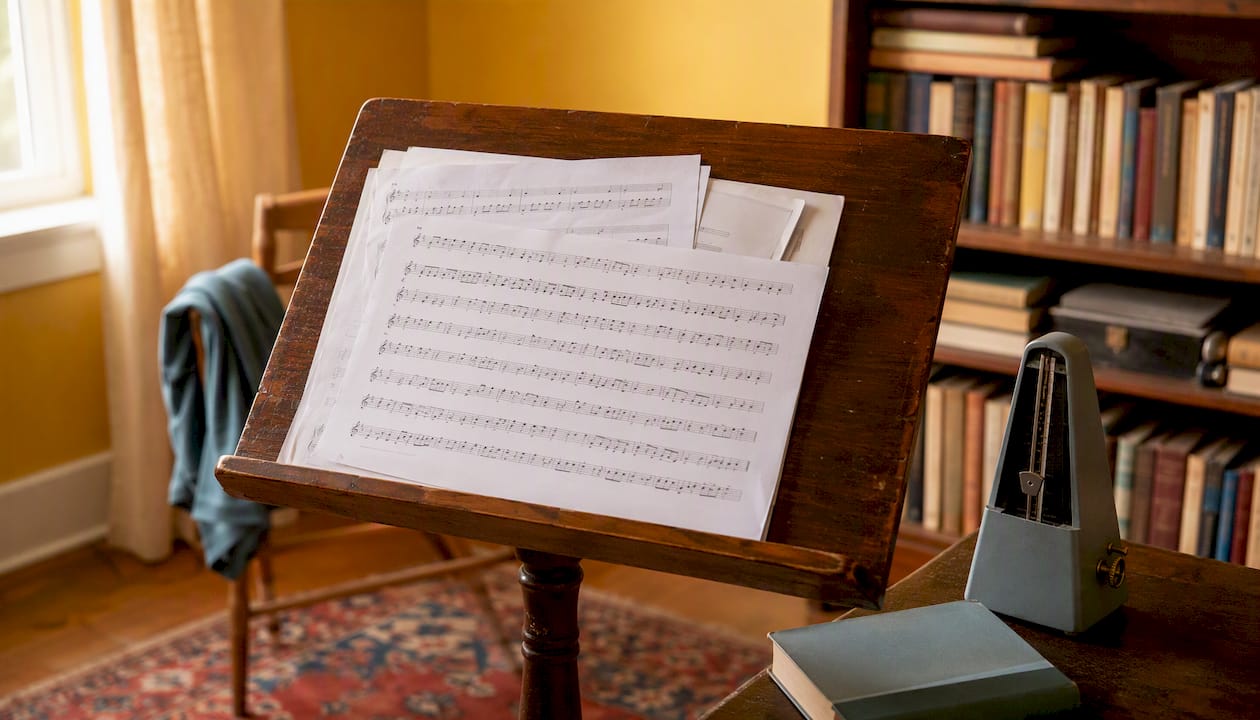 Un pupitre équipé d’un métronome, idéal pour les séances de répétition de chant en salle.