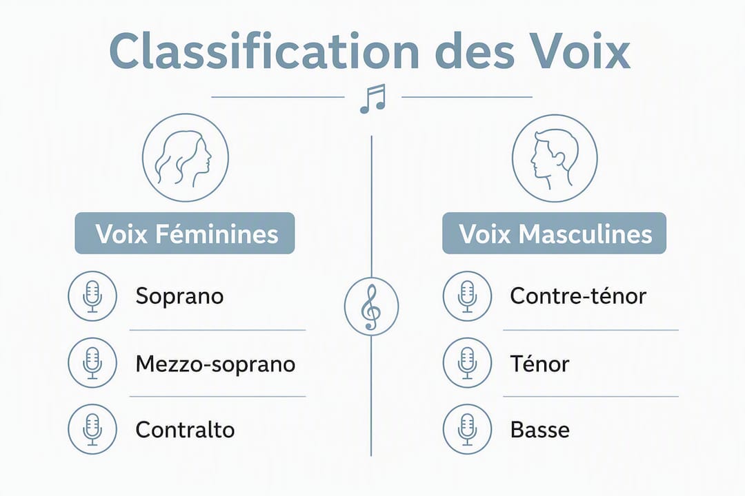 Infographie illustrant les différentes tessitures de voix chez les femmes et les hommes