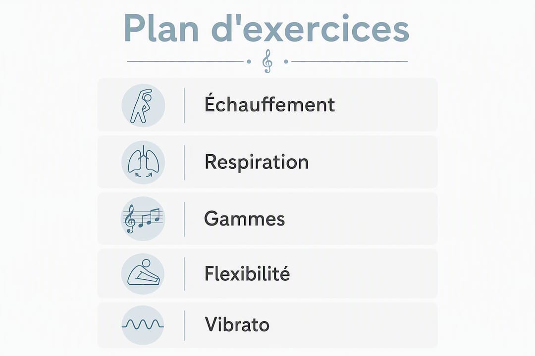 Découvrez une infographie complète qui vous guide pas à pas pour structurer efficacement votre routine d’échauffement vocal.