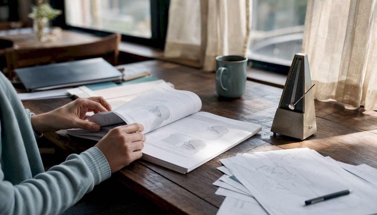 Des mains parcourent les pages d’un manuel dédié à la technique vocale, posé sur une table.
