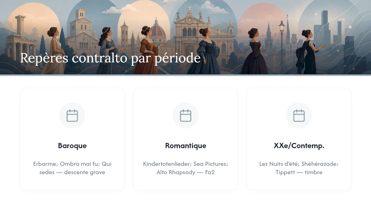Frise chronologique illustrant l’évolution du répertoire pour contralto à travers les différentes époques musicales