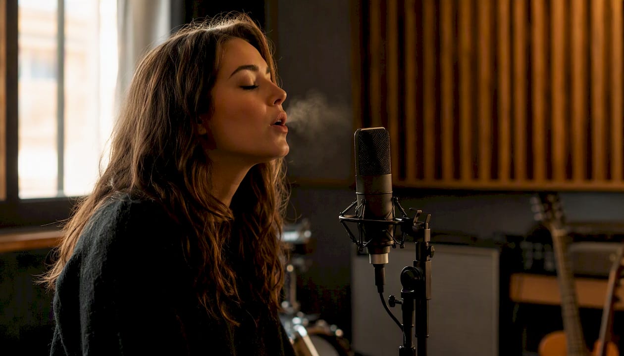 Une chanteuse interprète doucement une chanson au micro lors d'une séance de coaching vocal.