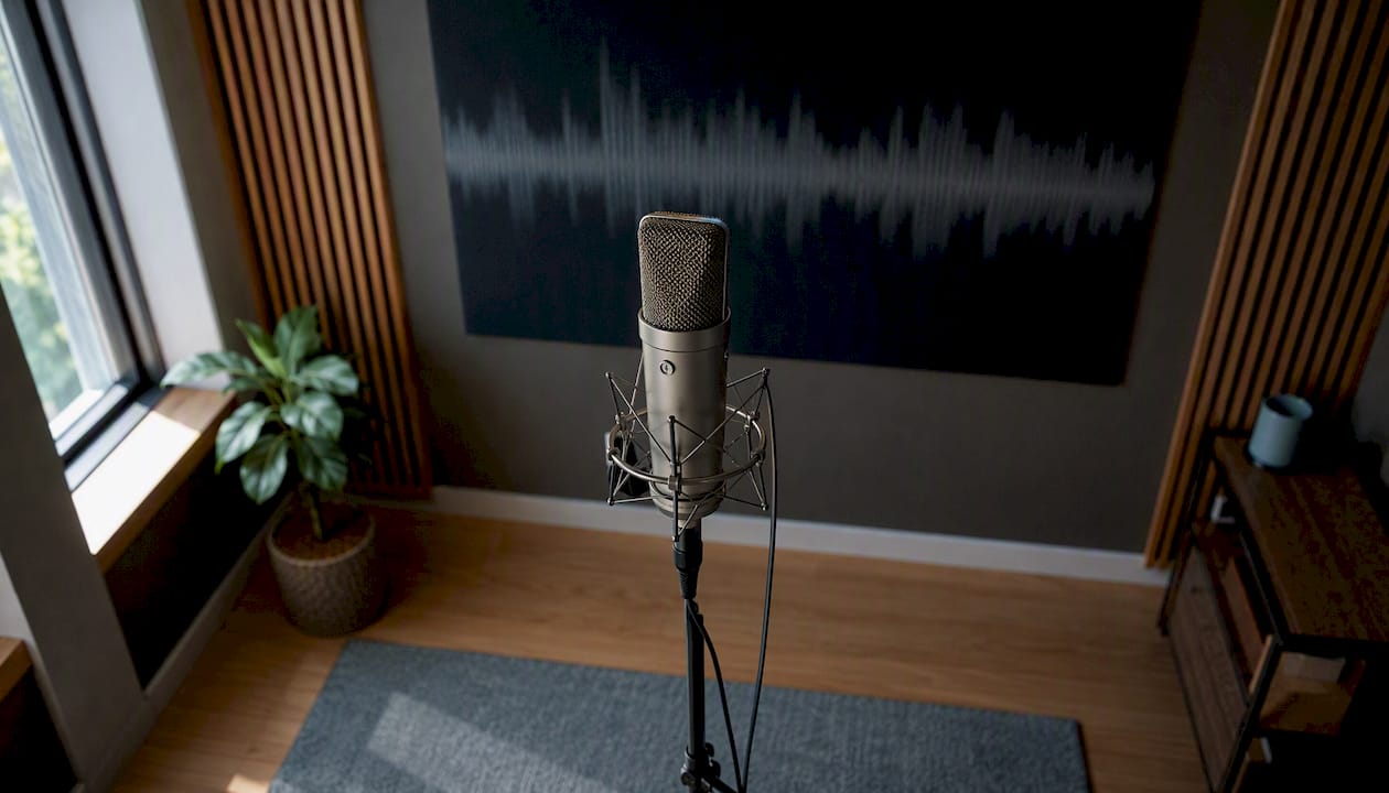 Pied de micro et courbe de fréquence dans un studio d’enregistrement vocal