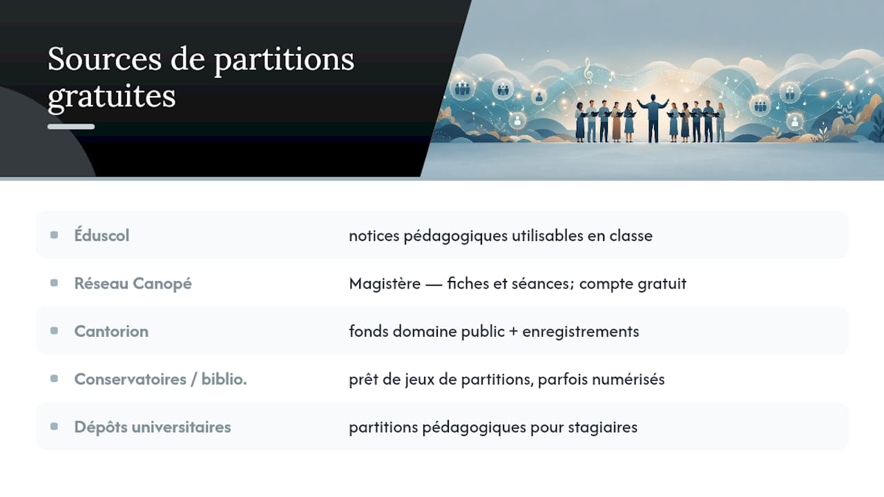 Où trouver des partitions pédagogiques gratuites et légales en France ? — overview diagram