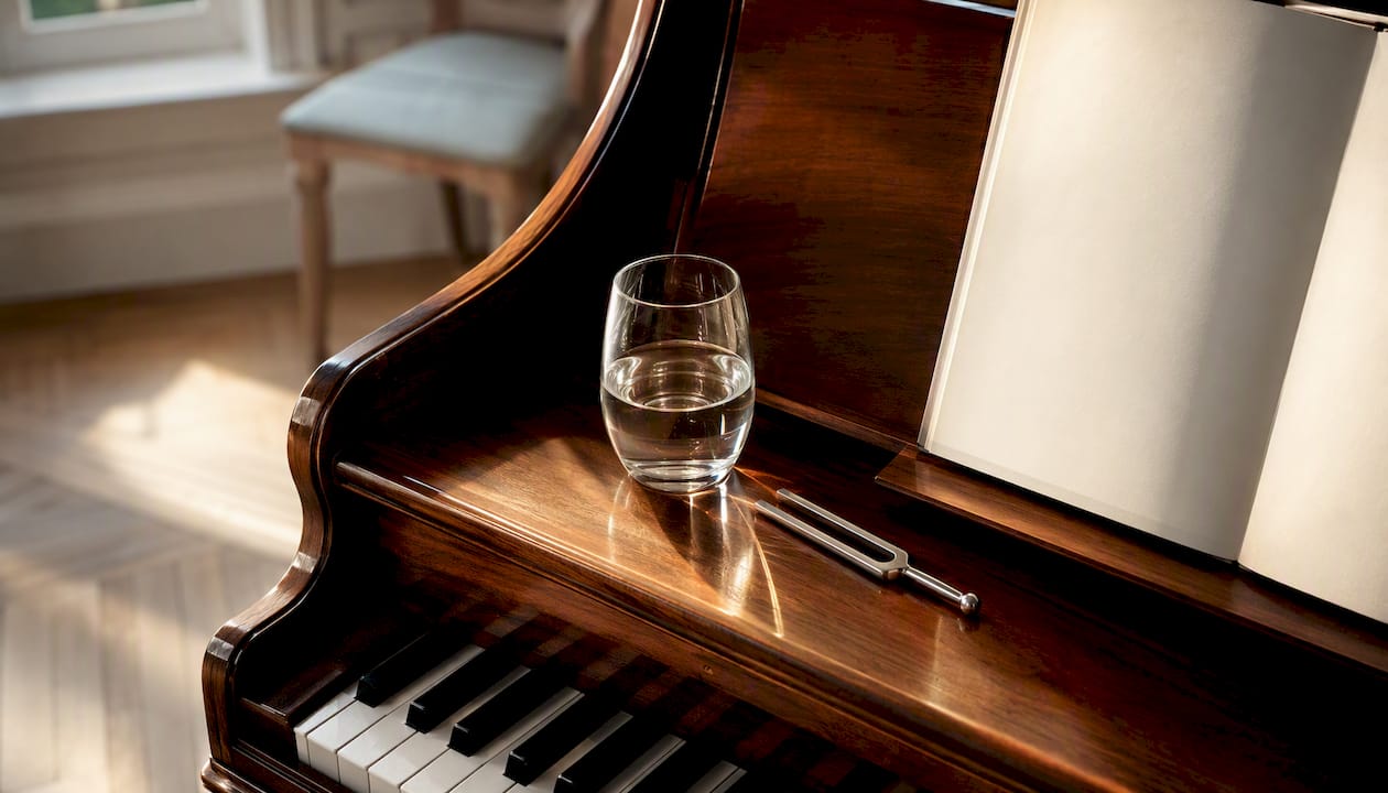 Petit coin piano avec un diapason et un verre d’eau posé à côté.