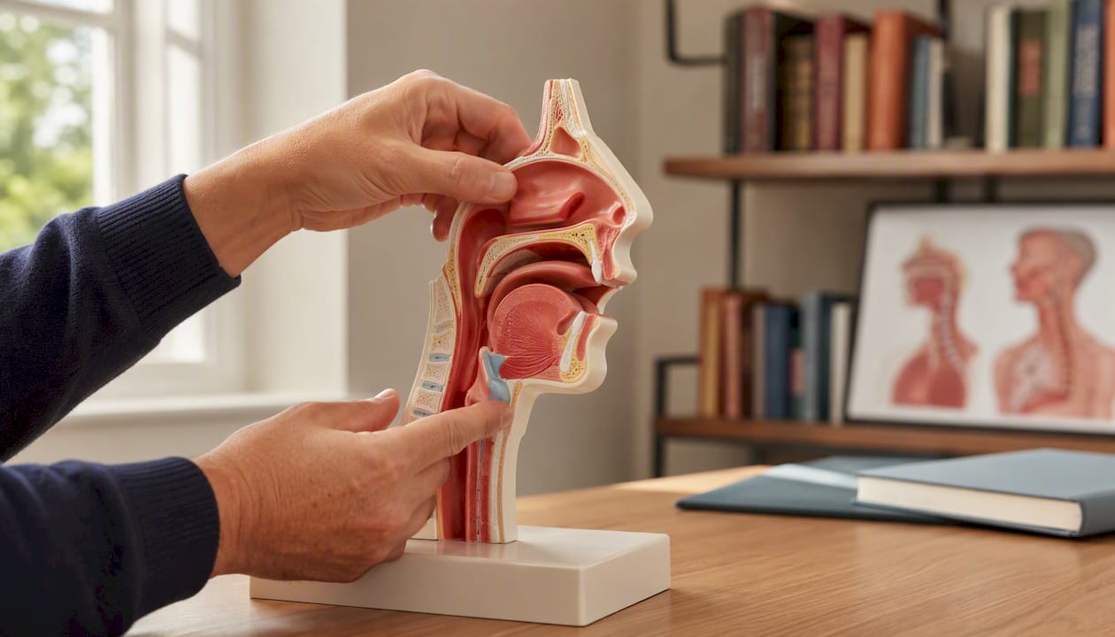 Mains en train d’ajuster un modèle anatomique de la bouche et du pharynx servant à l’étude de la voix