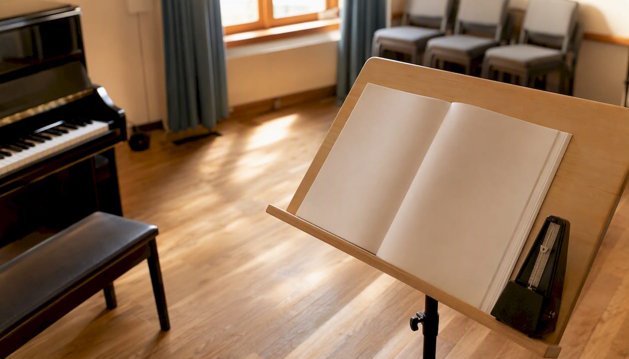 Un coin tranquille de la salle de coaching vocal, où reposent un carnet de notes et un métronome.