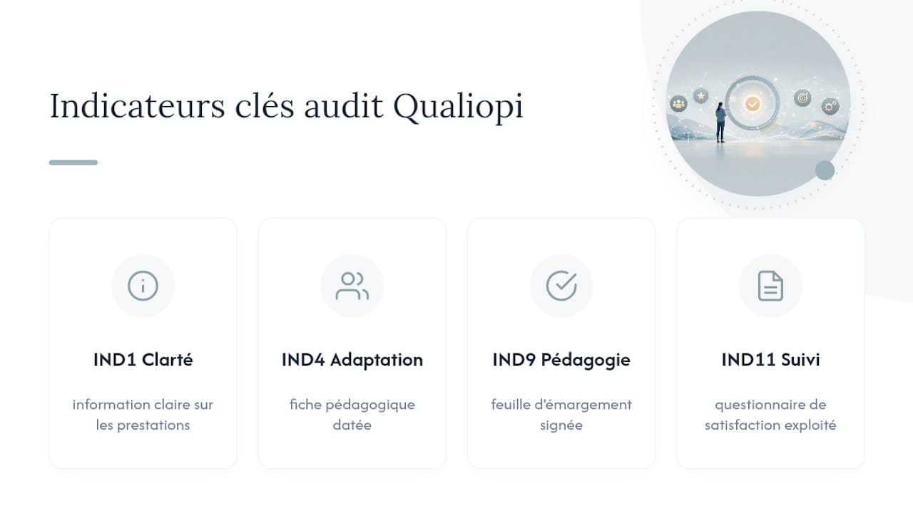 Schéma présentant les principaux indicateurs Qualiopi à destination des auditeurs