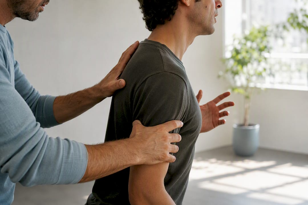 Mains soutenant le chanteur lors d'un exercice somatique lent