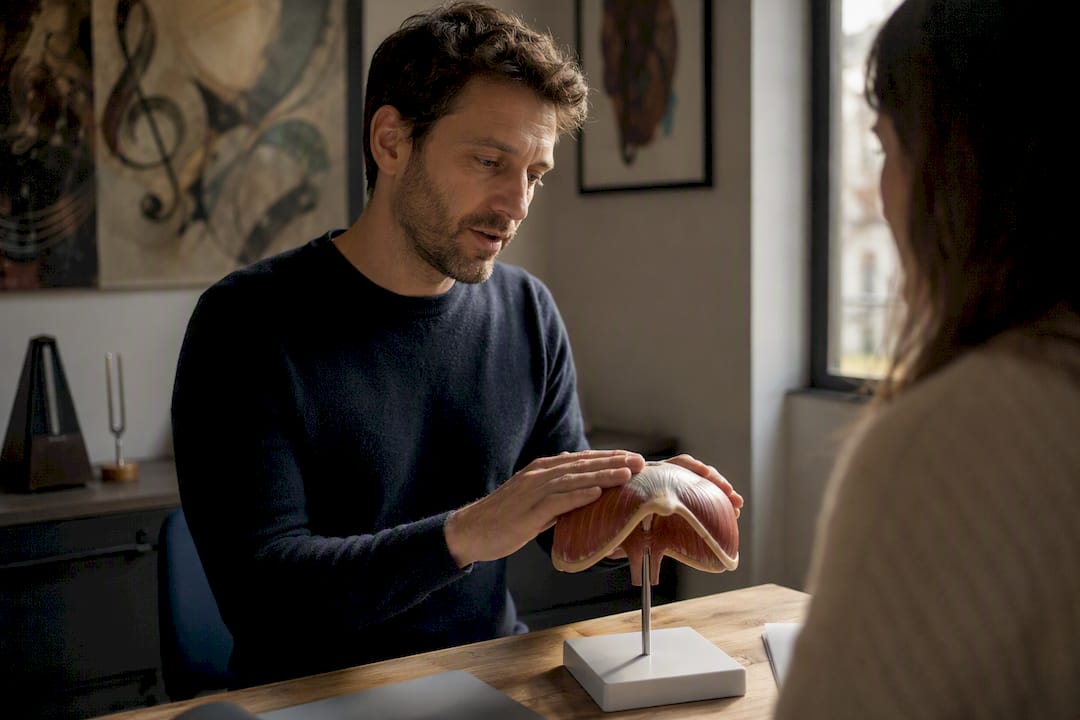 Mains montrant un modèle respiratoire dans un studio de coaching vocal