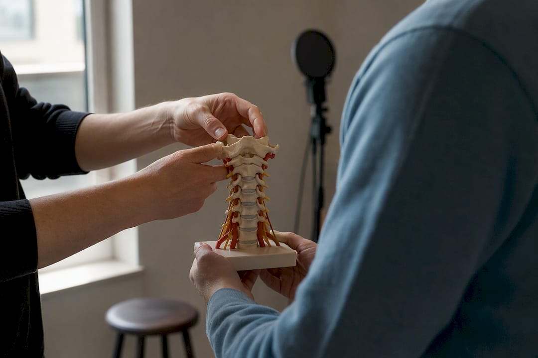 Mains aidant un élève chanteur à adopter la bonne posture avec un modèle de torse