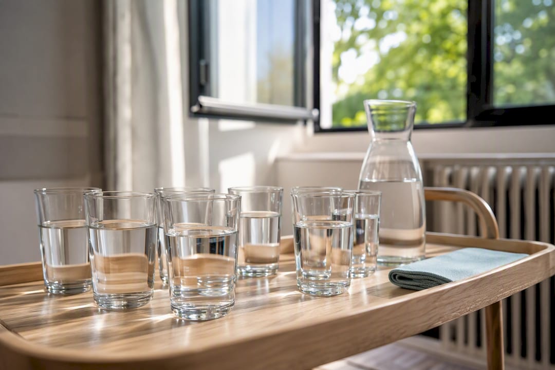 Verres d’eau prêts pour un atelier de chant