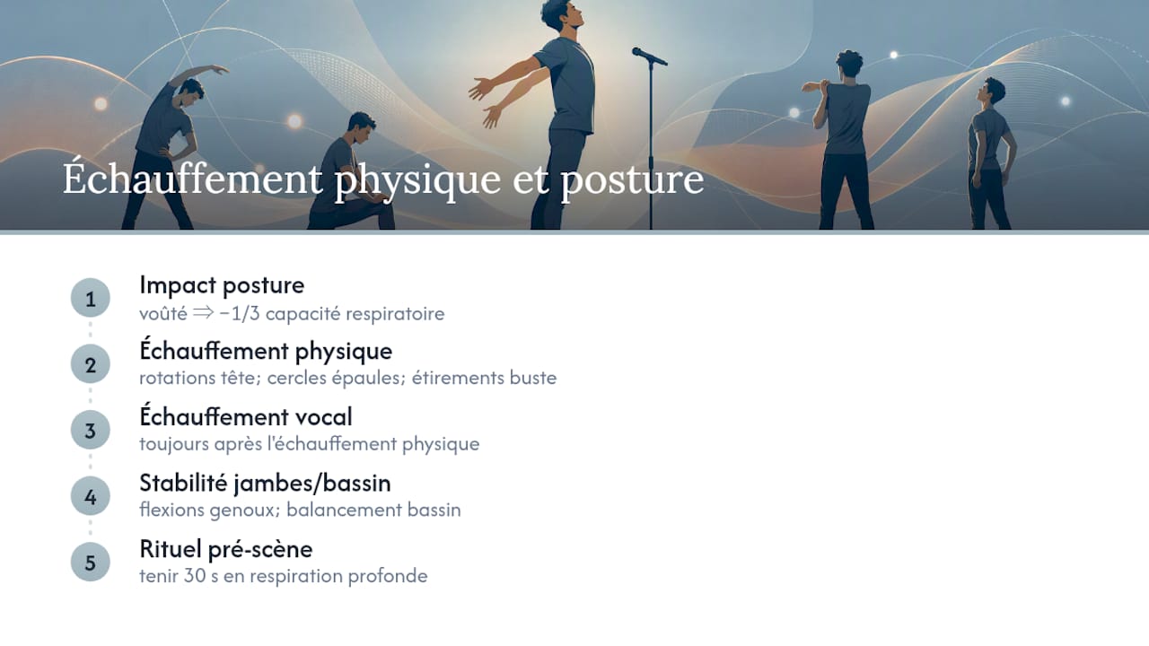 Pourquoi l'échauffement physique et la posture comptent autant que la voix ? — overview diagram