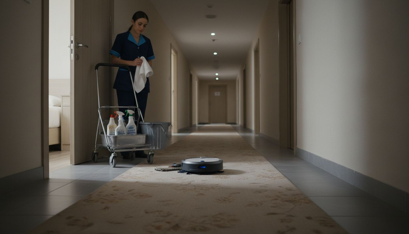 Robot de limpieza y personal de servicio trabajando en el pasillo de un hotel