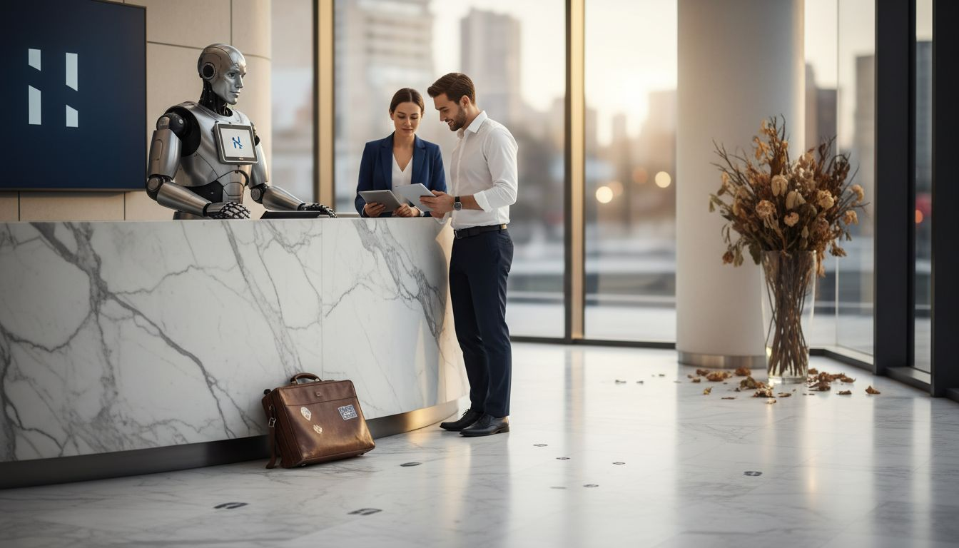 Un robot hace las veces de recepcionista y da la bienvenida a los huéspedes en el vestíbulo del hotel.