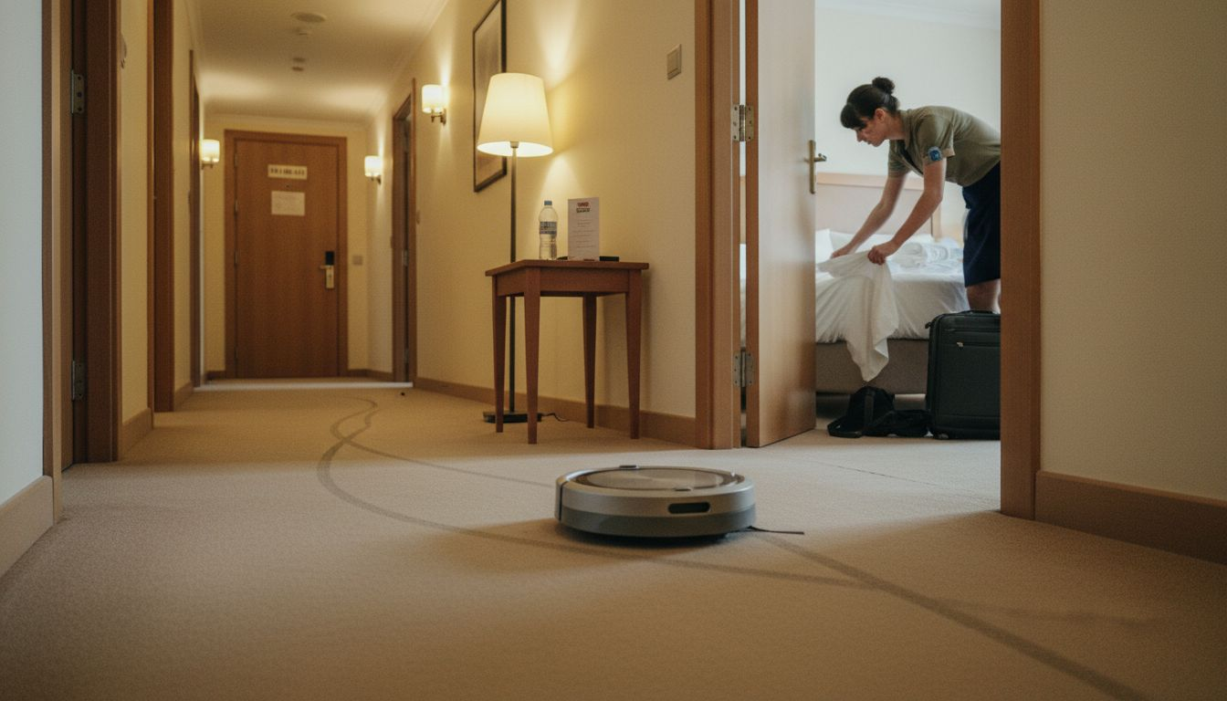 Un robot de limpieza circula por el pasillo del hotel mientras el personal realiza sus tareas habituales.