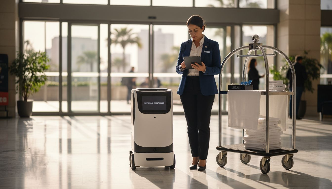 Un gerente conversa con un robot en el bullicioso vestíbulo de un hotel, mientras huéspedes y empleados se mueven de un lado a otro.