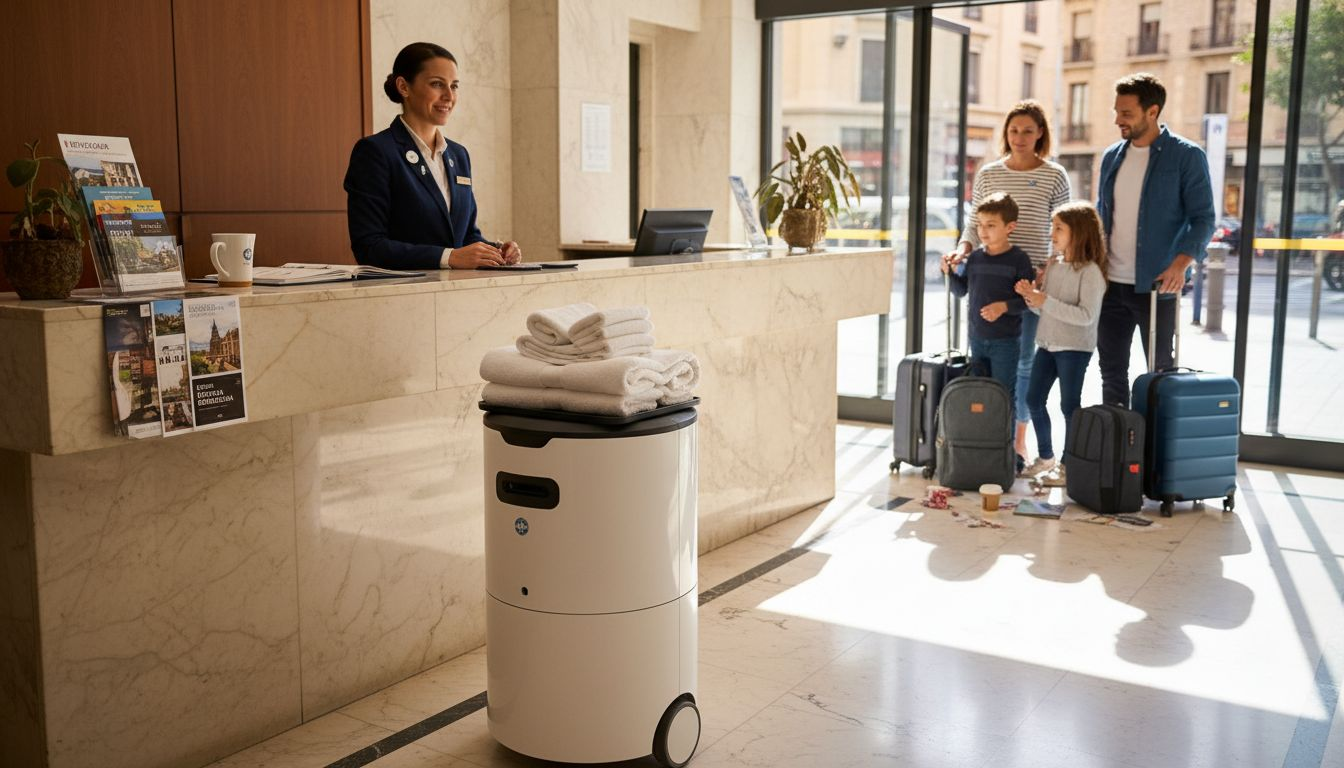 Un robot de servicio se desplaza por el vestíbulo del hotel