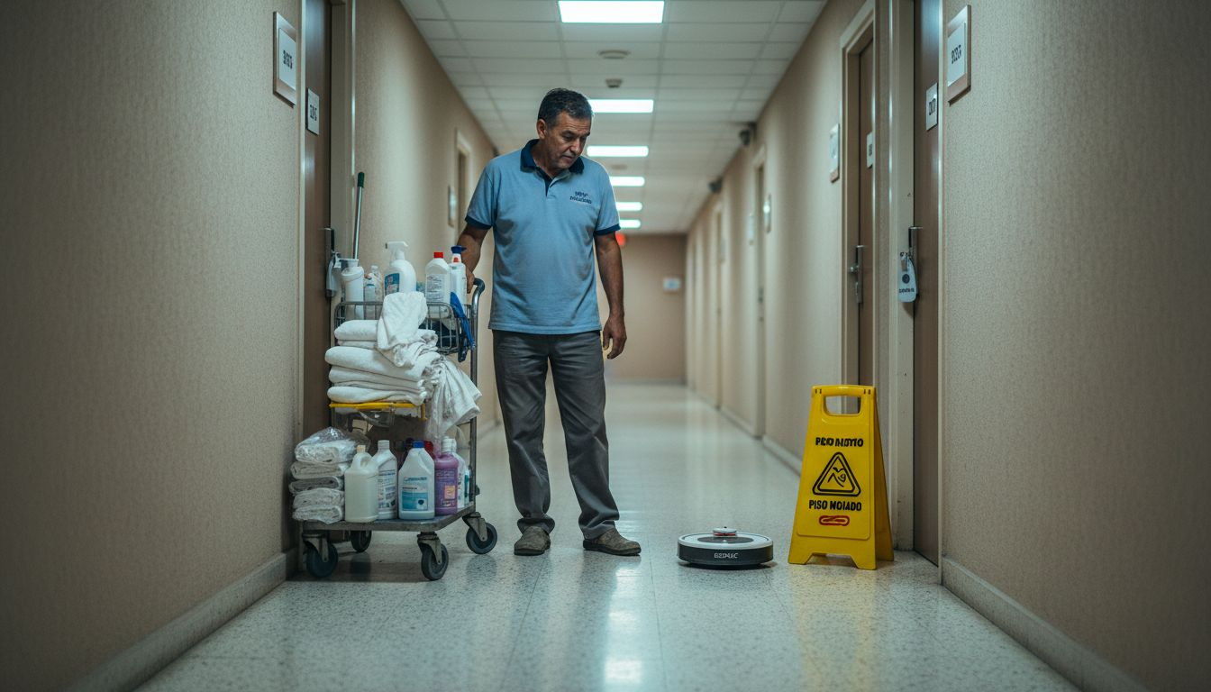 Una camarera del hotel observa con curiosidad cómo el robot de servicio pasa por el pasillo.