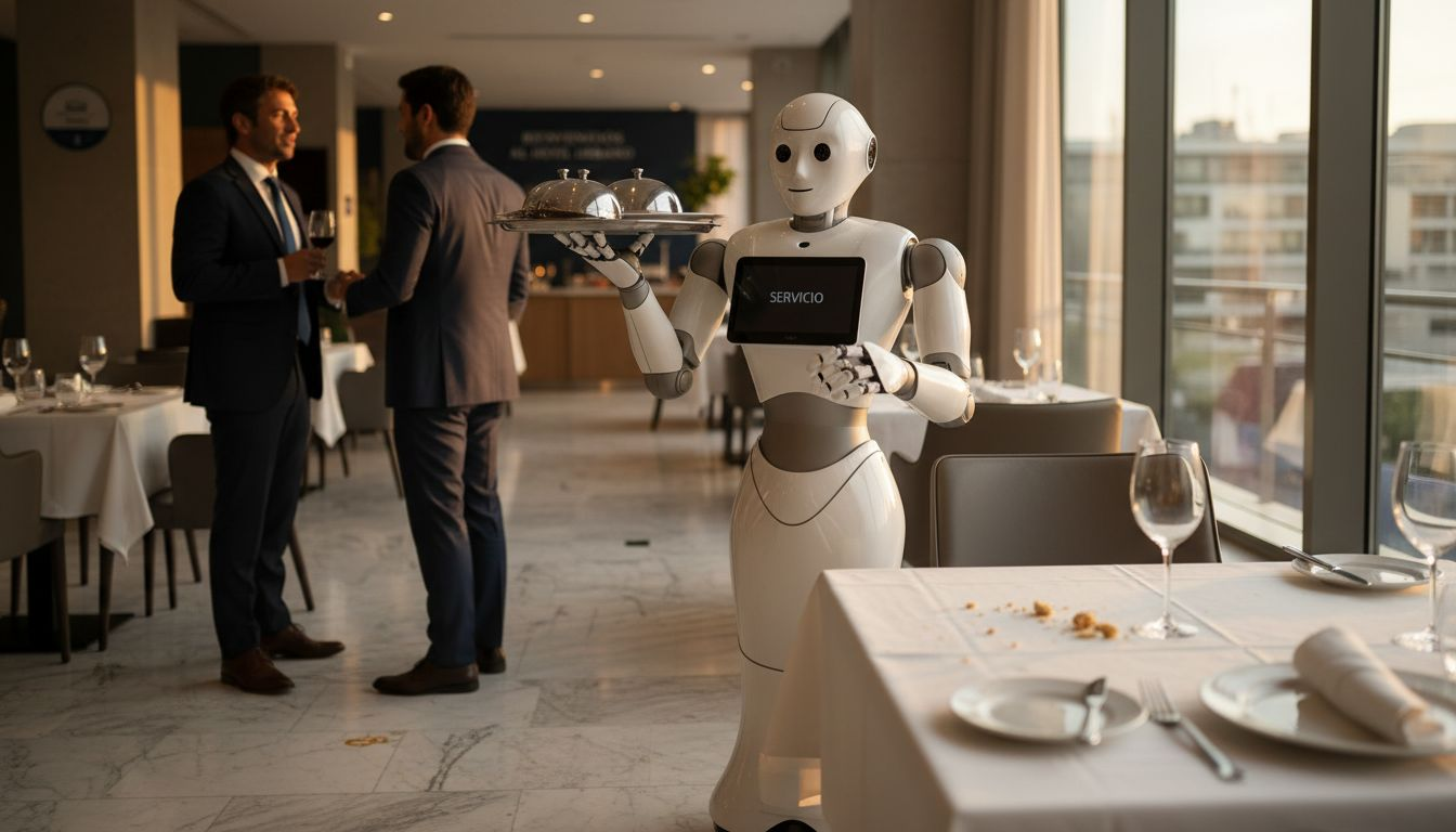 Un robot atiende a los clientes en un restaurante de estilo moderno.