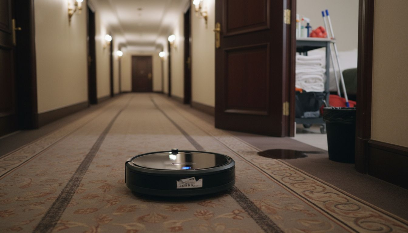 Un robot de limpieza está trabajando en el pasillo del hotel