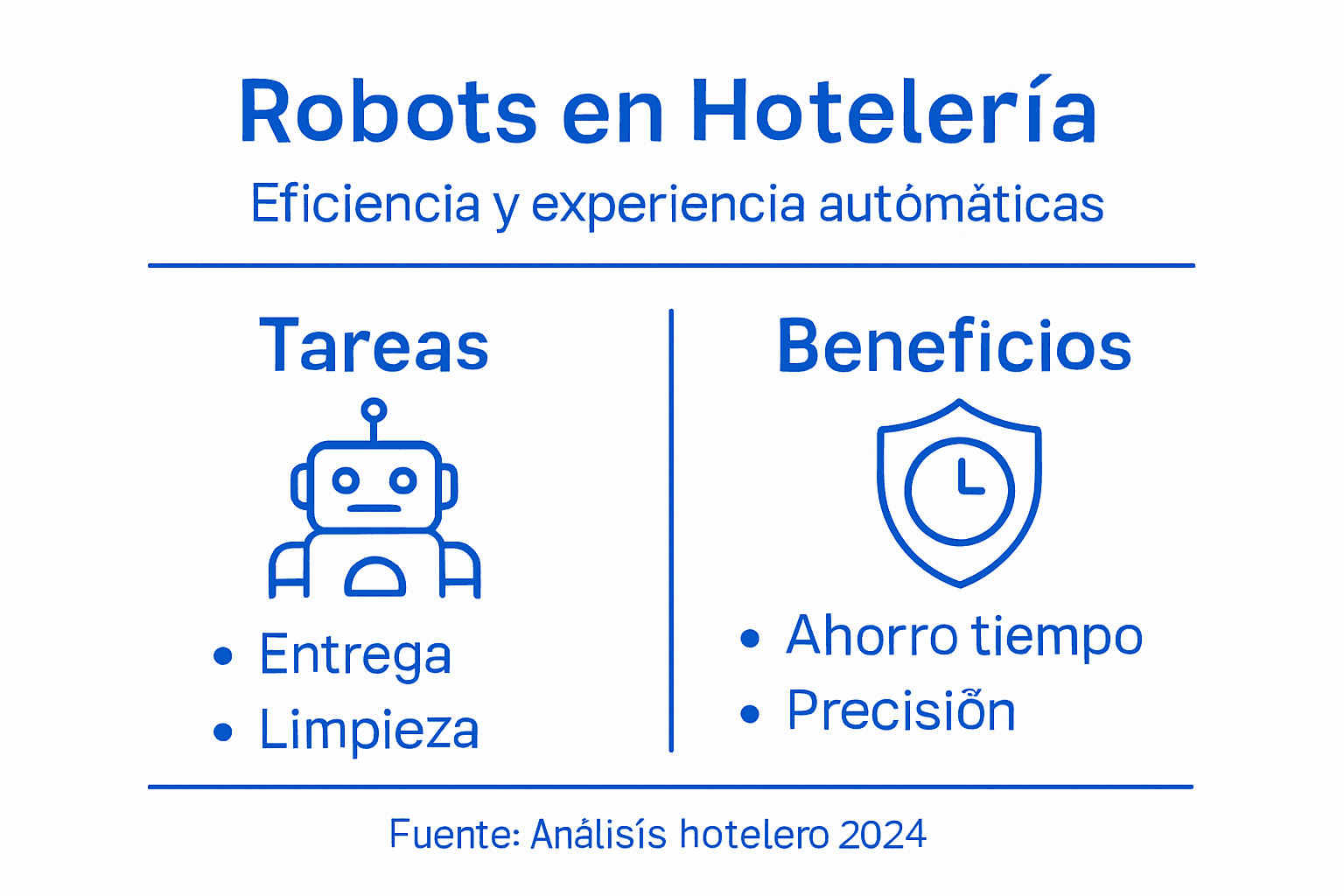 Infografía sobre las funciones que realizan los robots en hoteles y las ventajas que aportan tanto a los huéspedes como al personal.